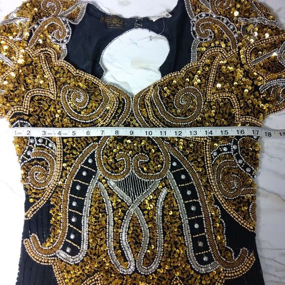 Vintage Ensemble SZ L Fully Beaded Sequin Black Gold Cocktail Formal Prom Dress - Picture 5 of 10